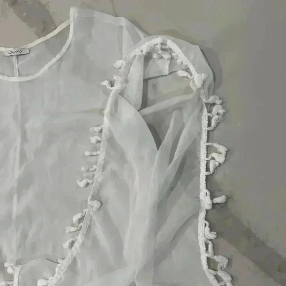 Adreamly Women’s Beach Swim Cover Up White Kafton White Pom Pom Trim Small - Picture 4 of 5